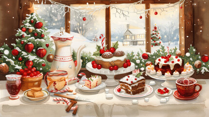 Fototapeta premium Warm and festive holiday scene featuring a beautifully decorated table with various Christmas treats, a Christmas tree, and a snowy outdoor view