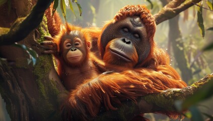 Obraz premium The close-up view of a hairy orangutan mother tenderly holding her baby while perched among the lush greenery of their natural rainforest habitat