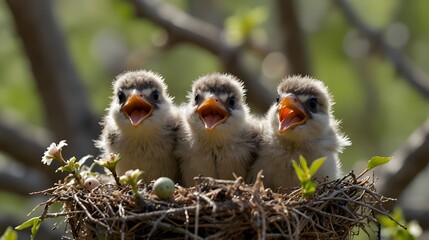 Obraz premium A cluster of ravenous chicks perched in their nest atop a blossoming tree, their mouths hanging open as they await food. Juvenile birds wail. starving, perched, bald, crying, gathering, bird, animal, 