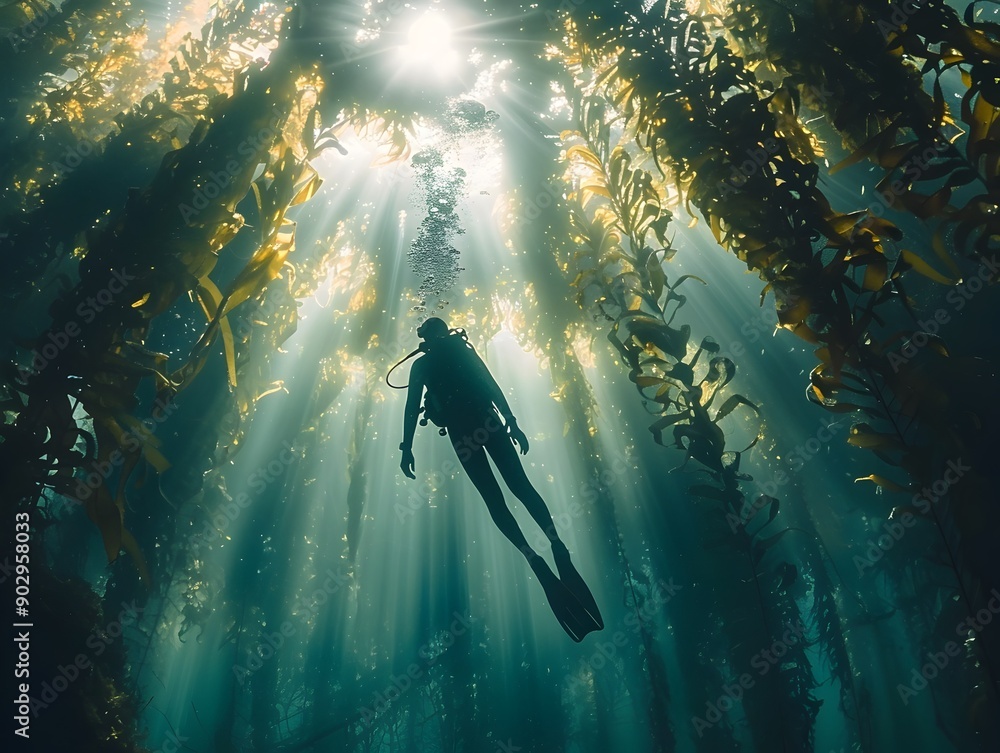 Poster diver exploring a vibrant kelp forest with sunlight filtering through