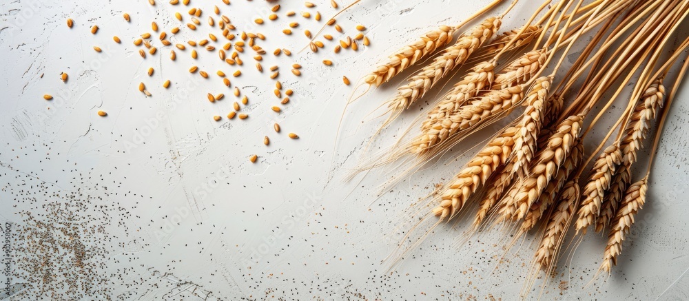 Aufkleber Wheat ears and grains arranged elegantly on a white table with empty space for copying an image
