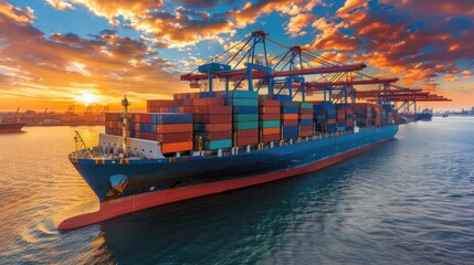 Fototapeta premium Large cargo ship loaded with colorful containers navigating at sunrise, symbolizing global trade and logistics on ocean waters.