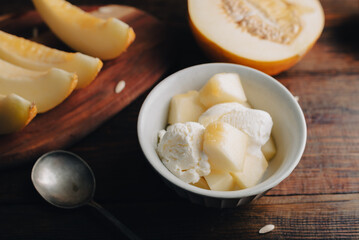 Bowl of Ice Cream Mixed with Honeydew Melon