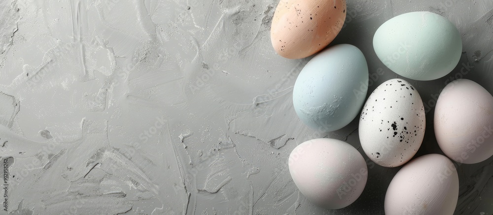 Poster trendy pastel colored easter eggs on a gray backdrop with a modern copy space image