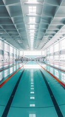 Fototapeta premium Bright and Fresh Indoor Olympic Swimming Pool Stadium: Conceptual Sports Arena Design for Web Backgrounds and Wallpapers. High-Resolution 4K Rendering of a Modern Aquatic Facility with Clean Lines and