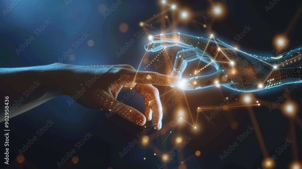Poster two robotic hands touching fingertips with light between them.