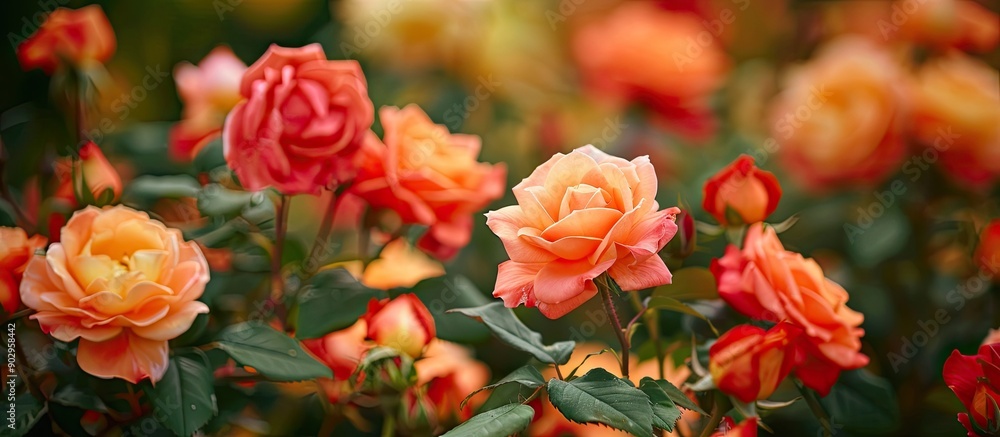 Poster roses blooming in spring with a colorful array in a copy space image