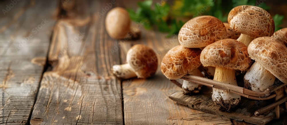 Poster A wooden backdrop showcases fresh boletus mushrooms offering ample copy space for customization in the image