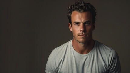 Obraz premium Confident Man: A young, attractive man with a determined look in his eyes, exuding confidence and strength in a close-up portrait.