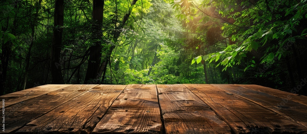 Poster a wooden table with space for product placement against a lush green forest background providing a c