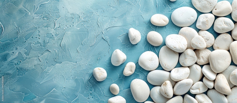 Poster A messy arrangement of white textured pebbles on a blue table with copy space image