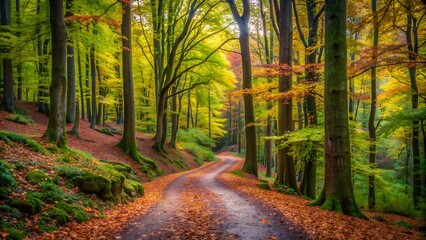 Fototapeta premium Photograph a winding path through a dense forest, highlighting the textures and colors of the trees and foliage