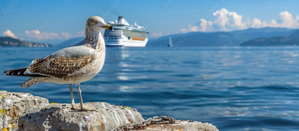 Poster Seagull perching on a rustic stone quay by the tranquil sea shore with a clear view of a cruise ship passing by in the background creating a picturesque copy space image