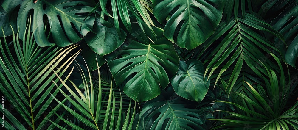 Poster lush green tropical leaf texture with large palm foliage creating a natural background perfect for a