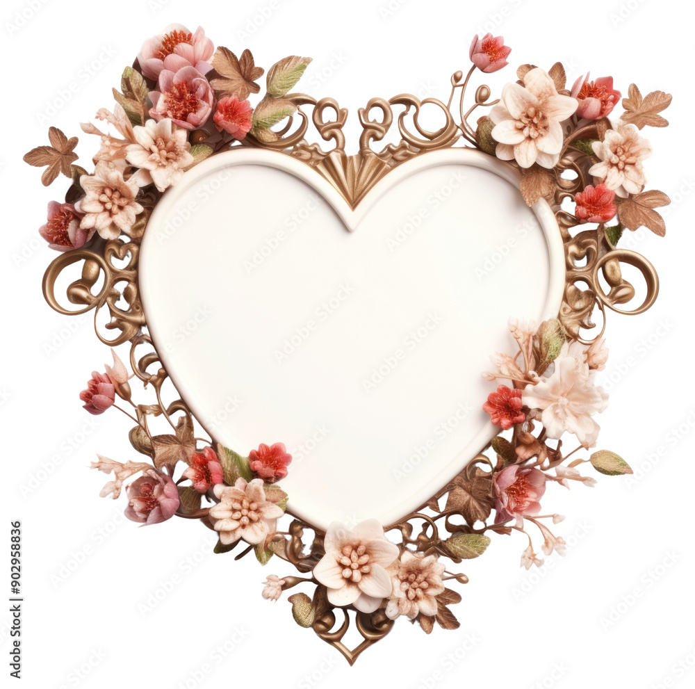 Sticker png floral heart design frame vintage flower heart white background.