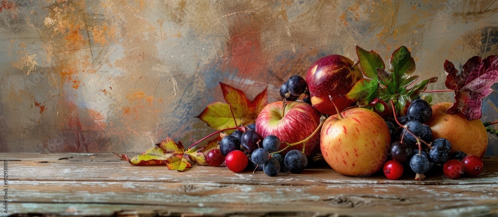 Sticker Still life arrangement of autumn fruits on a vibrant wooden table as a background for copy space image