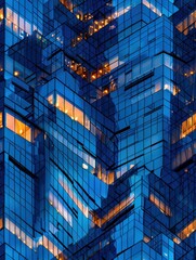 Modern Urban Architecture Featuring Luminous Glass Facades at Dusk in a Bustling Cityscape