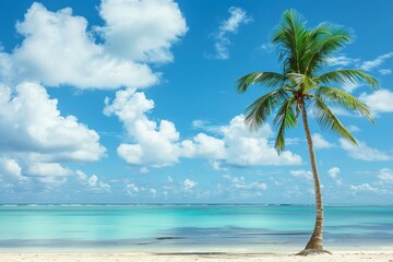 Lovely palm tree on a beach on a tropical island in the background of a blue sky with white clouds and a turquoise sea on a bright day in copy space, Generative AI.