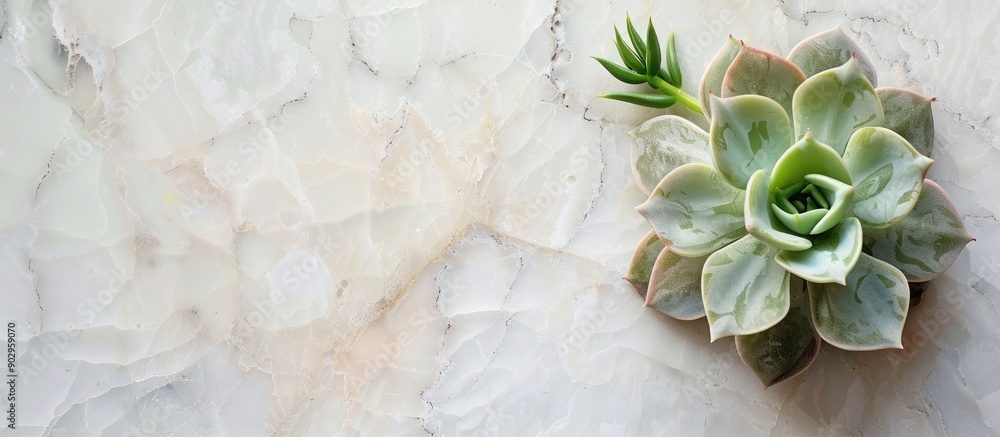 Poster top view of a small succulent plant on a marble table with a white background creating a pleasing co