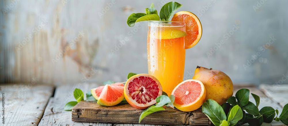 Poster a tasty quince beverage and fresh fruits displayed on a wooden surface with a white backdrop perfect