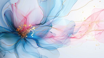 Obraz premium A delicate abstract flower design made of soft, flowing colors including blue, pink, and gold on a light background