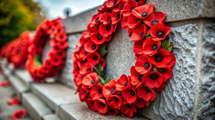 Remembrance Day Poppies Wreath on Stone Wall.