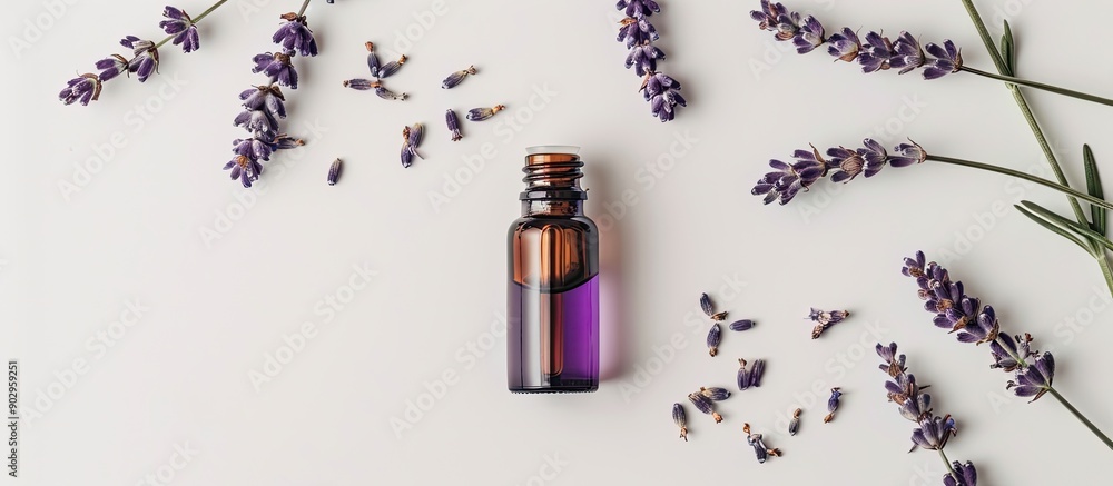 Poster Glass bottle with pipette containing lavender essential oil surrounded by lavender flowers and set against a white background creating a copy space image for a serene and fragrant serum