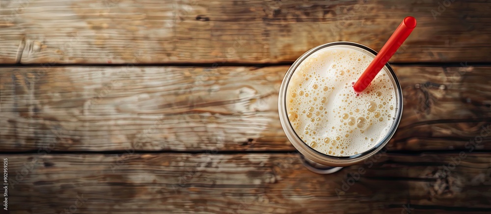 Poster wooden background featuring a glass of oat milk with a red paper straw leaving space for other eleme