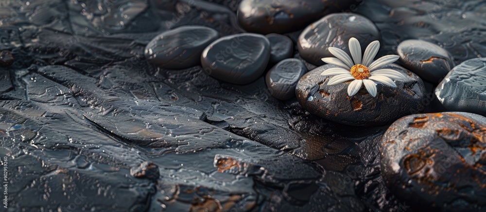 Poster Volcanic stones and a flower set in a way allowing for a copy space image