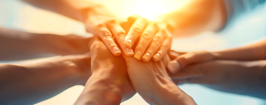 A group of diverse hands coming together symbolizing teamwork, solidarity, and unity in a bright and hopeful atmosphere.