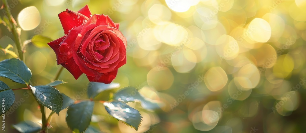Poster a vibrant red rose close up on a tree in a tranquil garden with visible copy space image