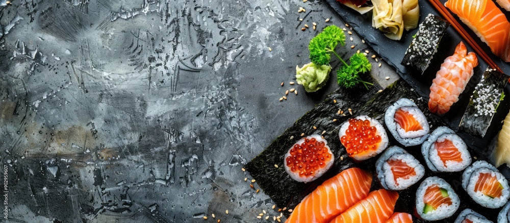 Poster top view of a variety of sushi rolls including salmon trout tuna tobiko caviar and nori on a rustic 