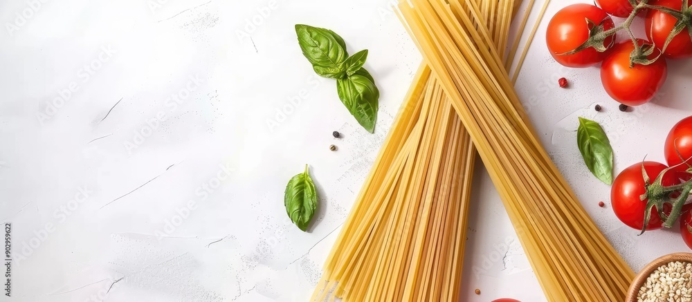 Leinwandbilder top view of raw italian spaghetti with vegetables on a white background displaying copy space image