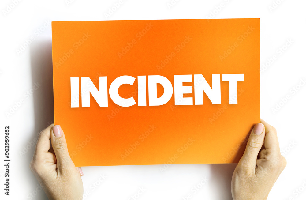 Aufkleber incident - an instance of something happening, an event or occurrence, text concept on card