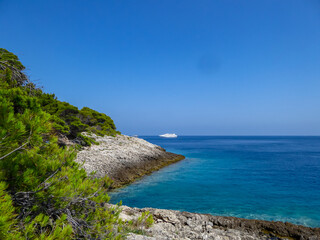 Luxury yachts in turquoise bay lagoon on Tremiti Islands (Isole Tremiti) in Adriatic Sea near the...