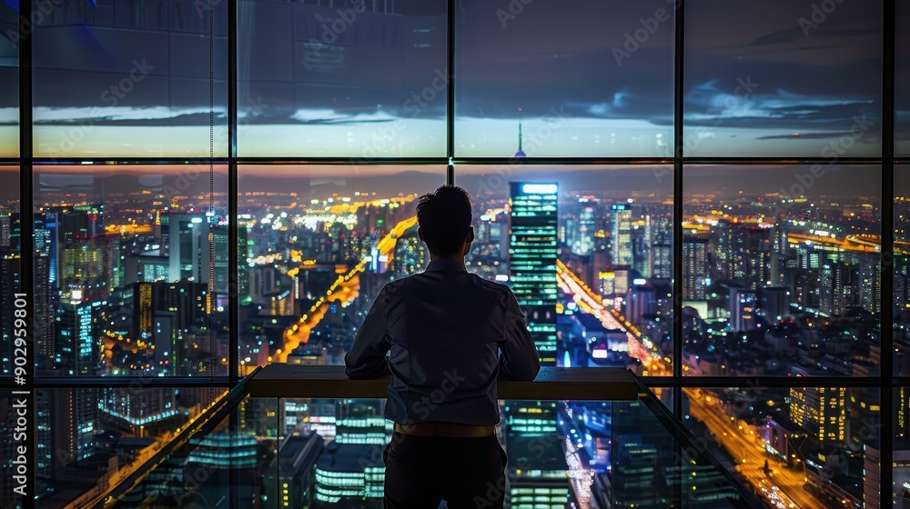 Poster a man is sitting in front of a computer monitor with a city view in the background. concept of focus
