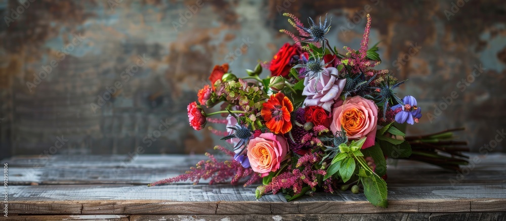 Poster a flower bouquet displayed on a rustic wooden surface with copy space image available