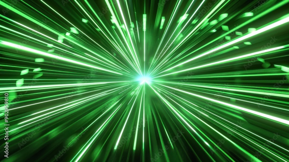 Poster abstract green light burst with radial lines creating an energetic atmosphere, symbolizing speed and