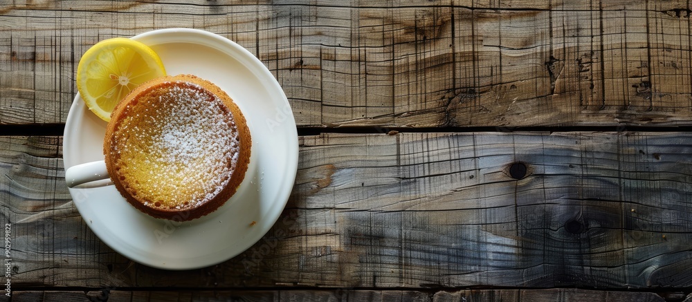 Poster Top view of a lemon cake placed on a rustic wooden surface next to a cup of coffee creating a cozy composition with copy space image