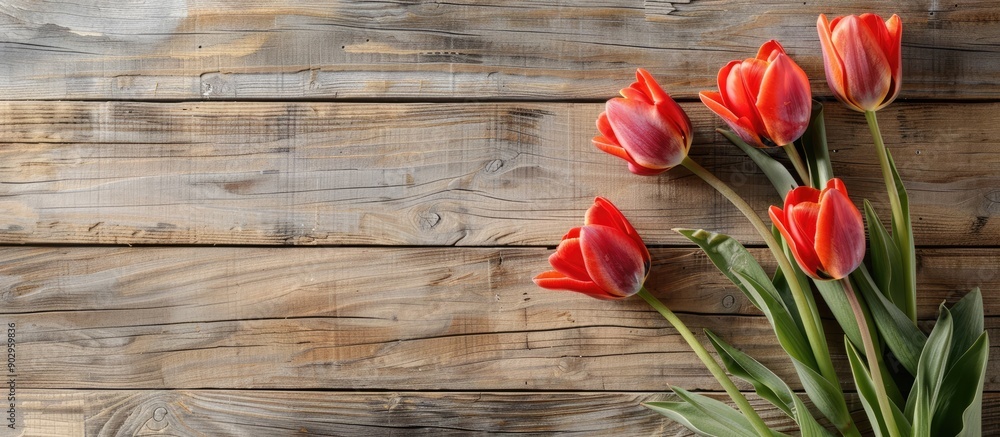 Poster tulips bloom in spring on a wooden backdrop representing gardening ideas with copy space image