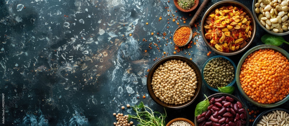 Aufkleber nutritious diet featuring protein rich vegan options like grains and legumes seen from above in a co