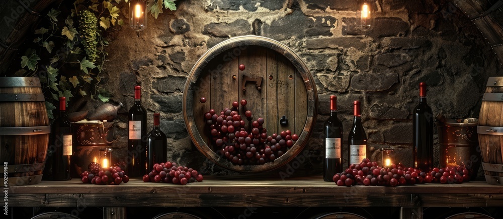 Aufkleber wine cellar featuring red wine bottles grapes and a copy space image for personalization