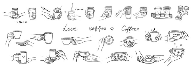 Large set of cup and mug in hands in doodle style. I love tea, tea time, coffee time, cup of coffee, mug of tea. Mug in hand. Hand drawn vector illustration EPS10