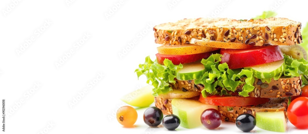 Poster Sandwich with fresh fruits displayed against a white background creating ample copy space image