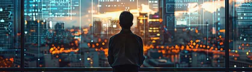 Fototapeta premium A man is sitting in front of a computer monitor with a city view in the background. Concept of focus and concentration as the man works on his computer
