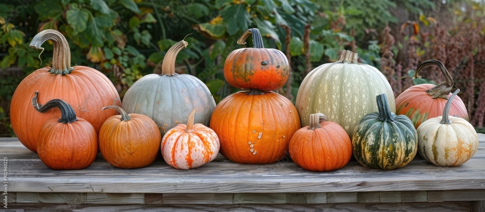 Poster Various pumpkins displayed on a wooden table ideal for a copy space image