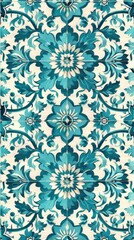 Fototapeta premium Turquoise Vintage Arabic Floral Pattern: Seamless Tile Design for Wallpaper and Web Backgrounds. Panoramic Banner with Intricate Flower and Leaf Motifs in Retro Middle Eastern Style, Perfect for Elega