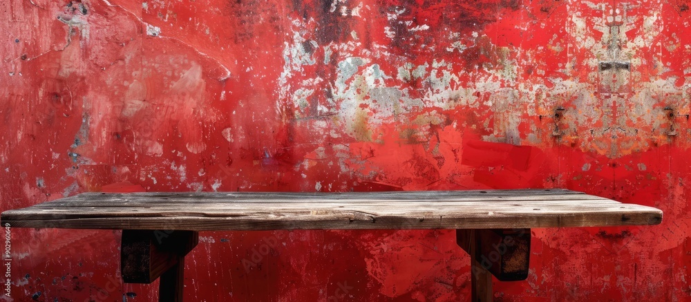 Poster a rustic table is set against a textured red wall with abstract patterns forming a striking backdrop