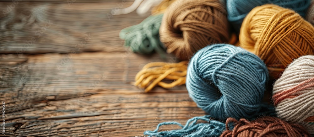 Poster Copy space image of knitting threads scattered on a table perfect for adding text Sewing materials present