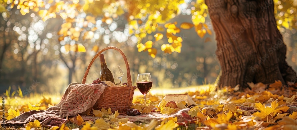 Fototapete a warm autumn picnic setting with a basket blanket wine glasses and yellow leaves by a tree on a sun